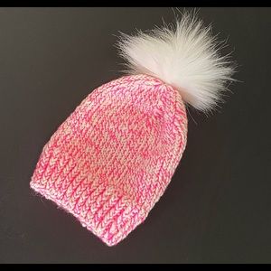 Women / Teen Girl Handmade Knit White & Hot Pink Pom Pom beanie hat NEW